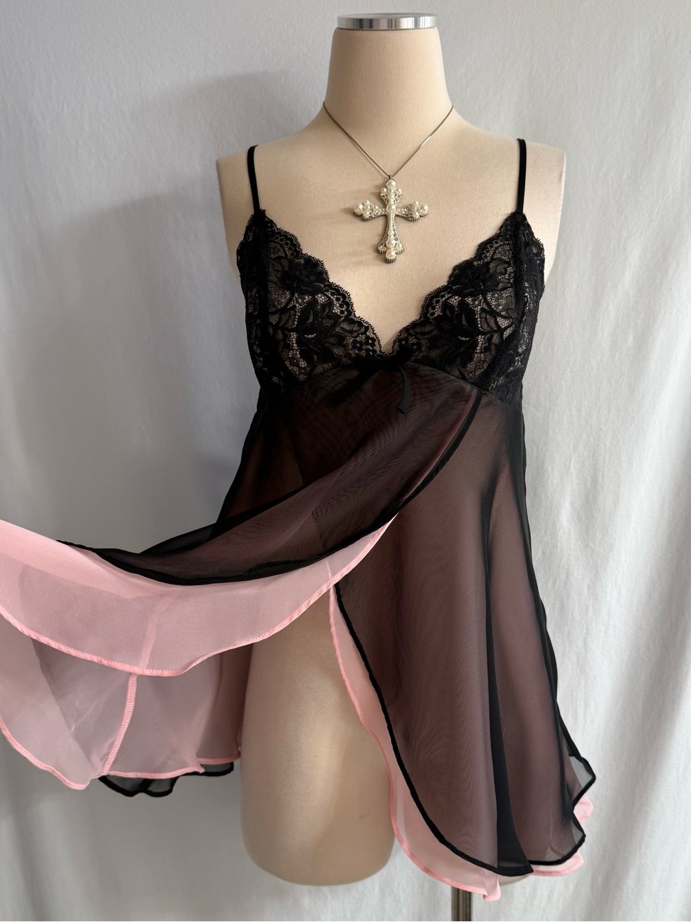 Y2K Sheer Pink & Black Slip Dress Set